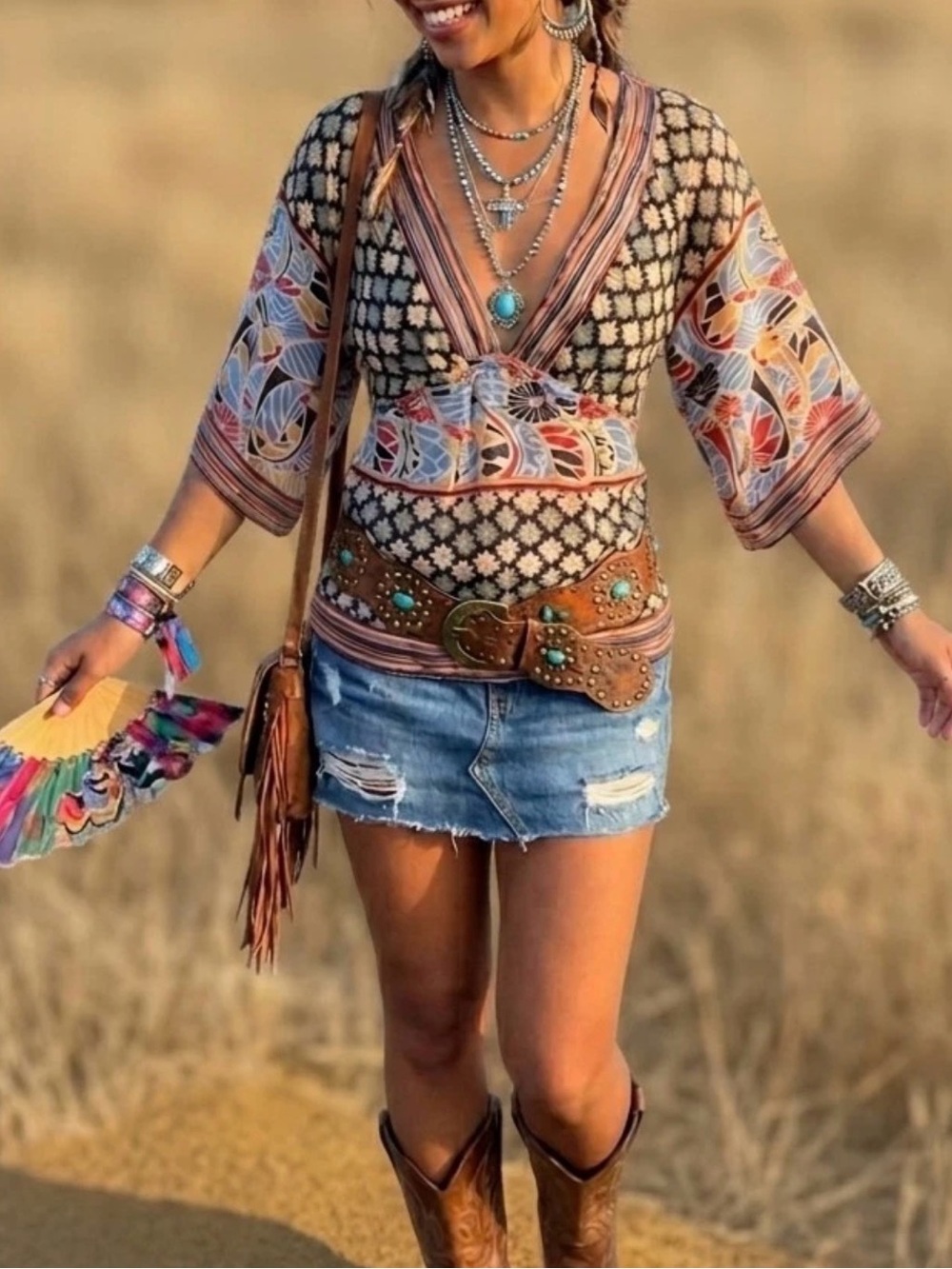 Charlotte Russe Multi-Color Boho V-Neck Tunic Top